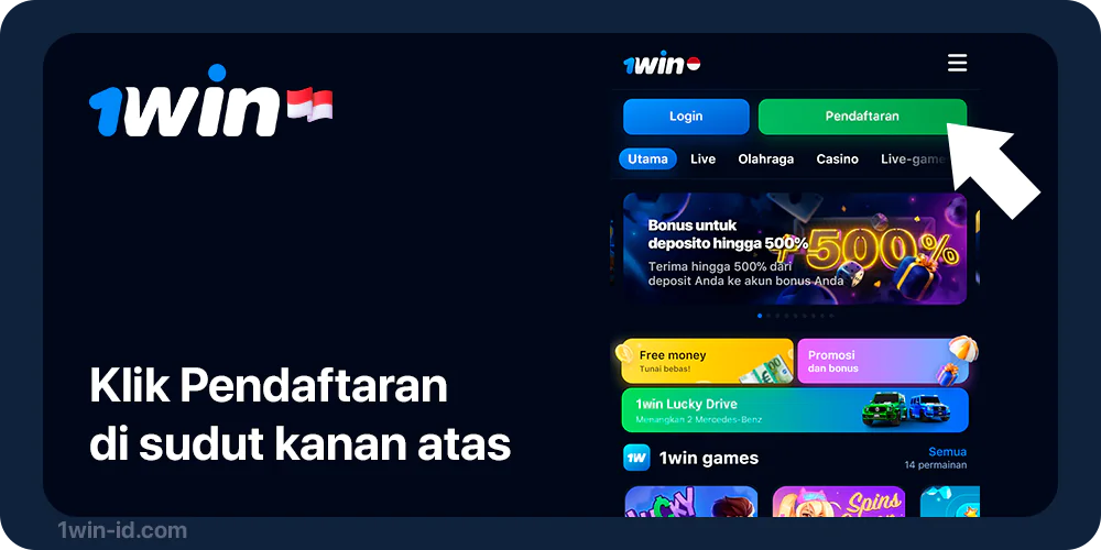 Klik Tombol Pendaftaran di menu atas - 1Win